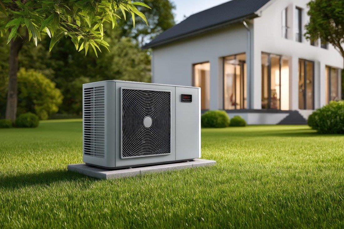 Pompe à chaleur air/eau installée devant une maison rénovée