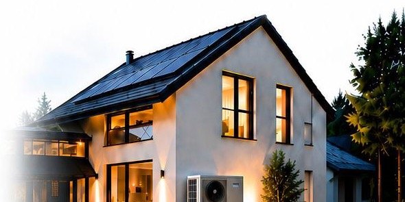 Maison rénovée avec panneaux solaires et pompe à chaleur au crépuscule